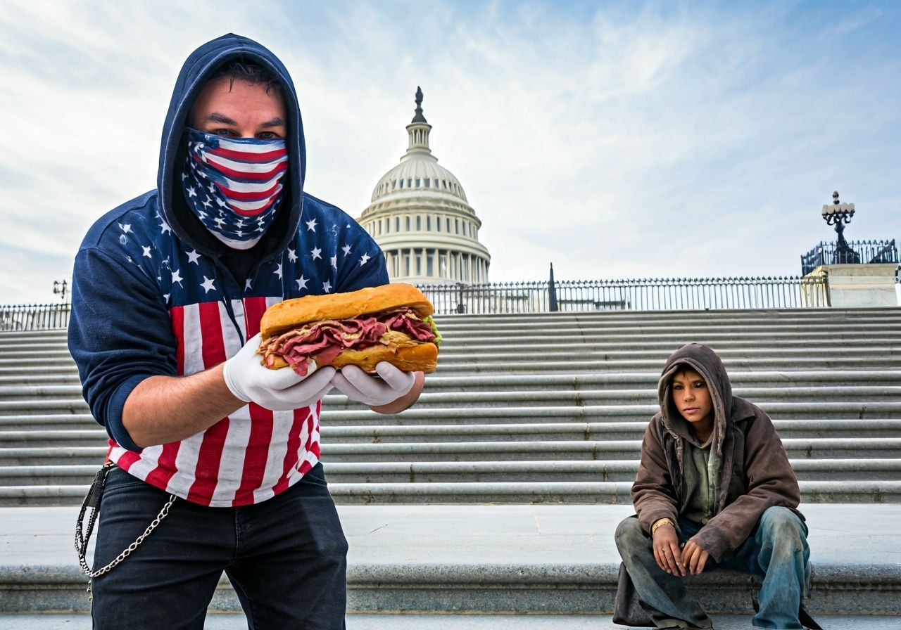 holding a big greasy pastrami hero sandwich