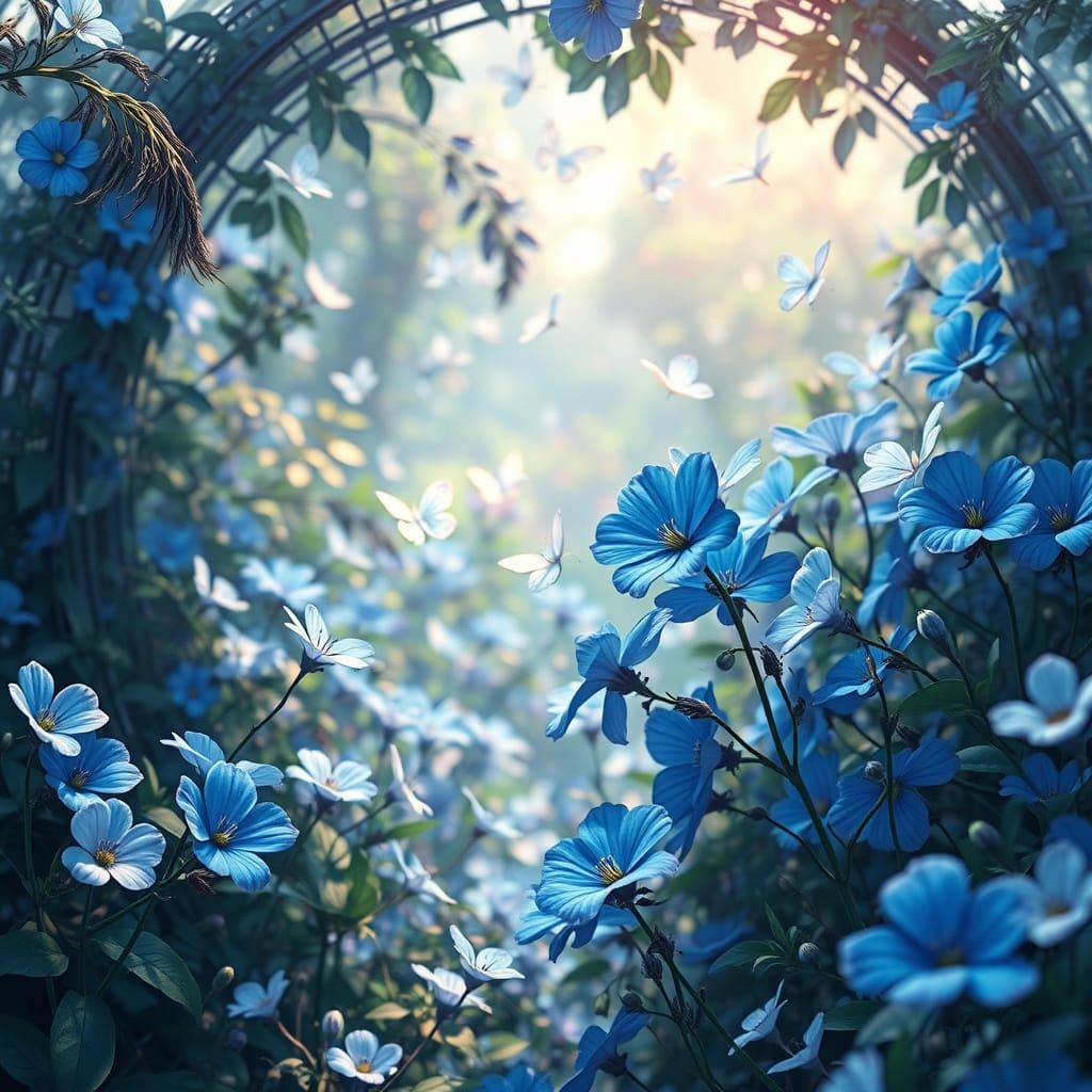 Blue Flowers in Lush Garden, 3D Anime Art