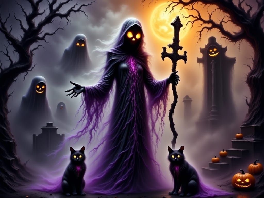 Mystical Halloween Witch Casting Spell in Cemetery