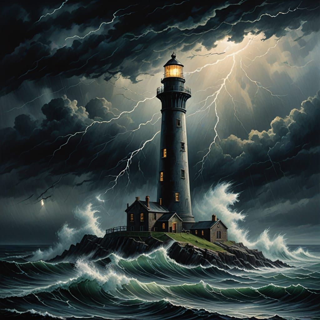 Expressionist Oil Painting of a Colossal Lighthouse in a Sto...