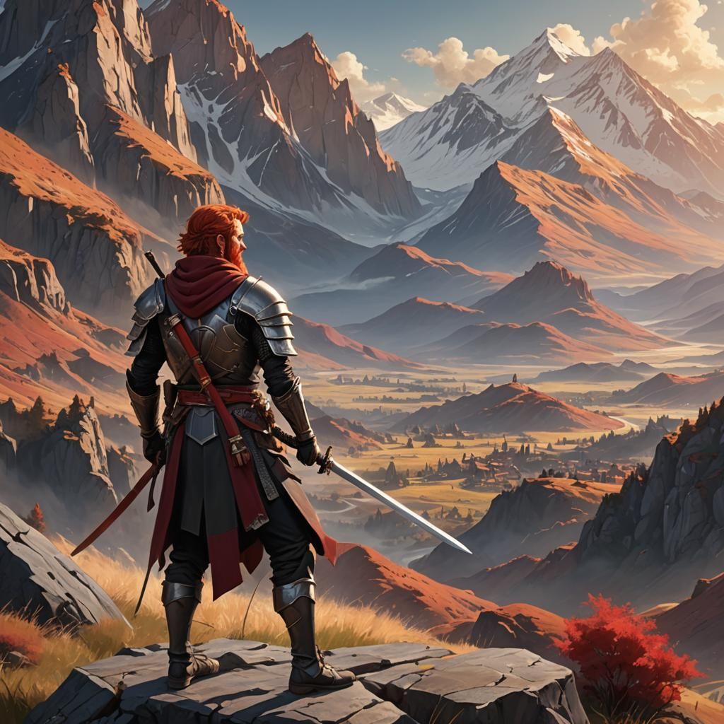 Paladin in Silver Armor Stands Tall Amidst Majestic Mountain...