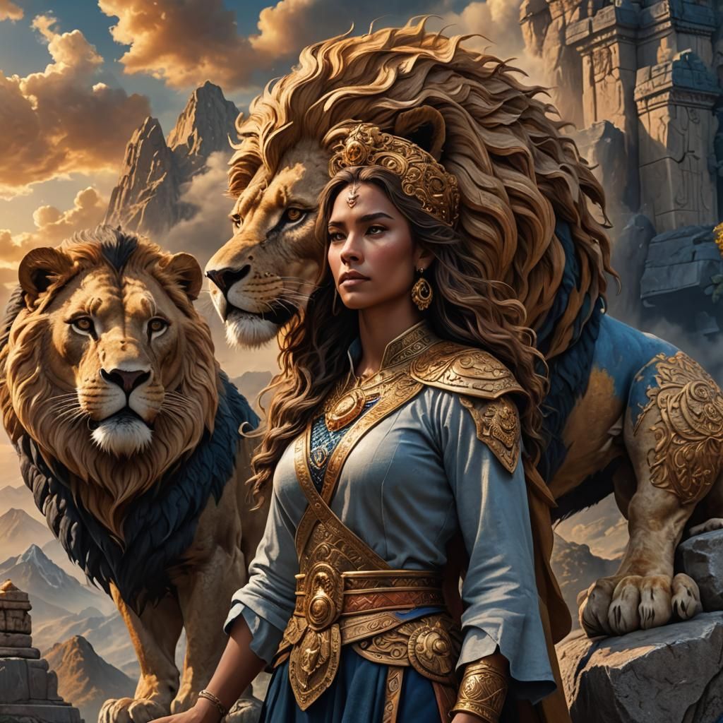 Fantasy Art: Strong Woman with Lion in Art Nouveau Style