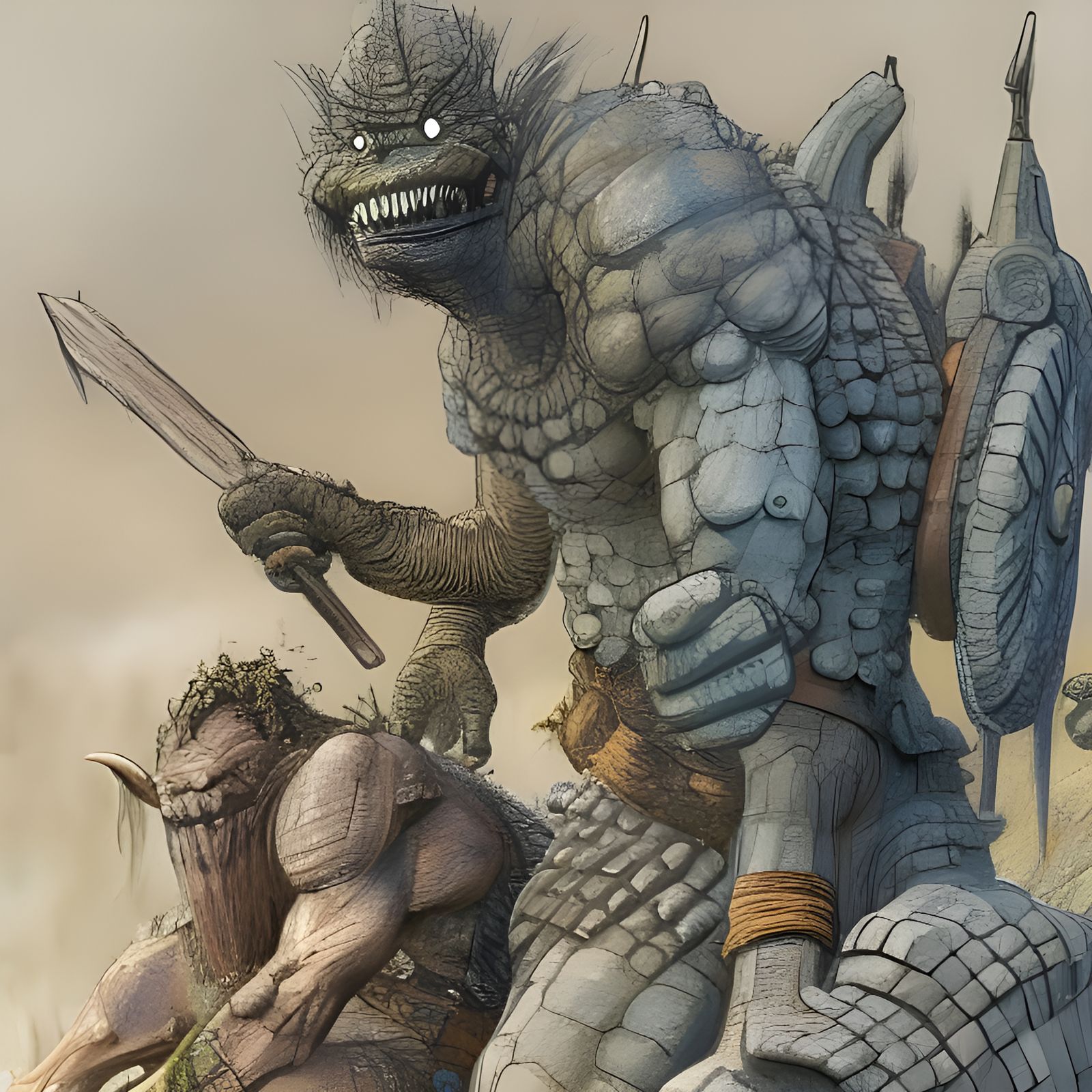 Relaxed Monster in Dystopian World War II Landscape