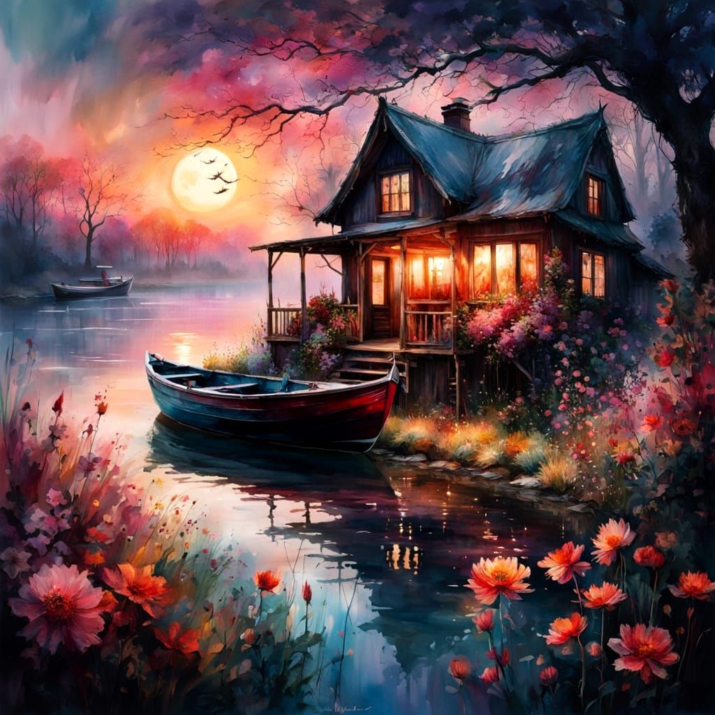 Riverside Moon Glow: Cozy Nostalgia