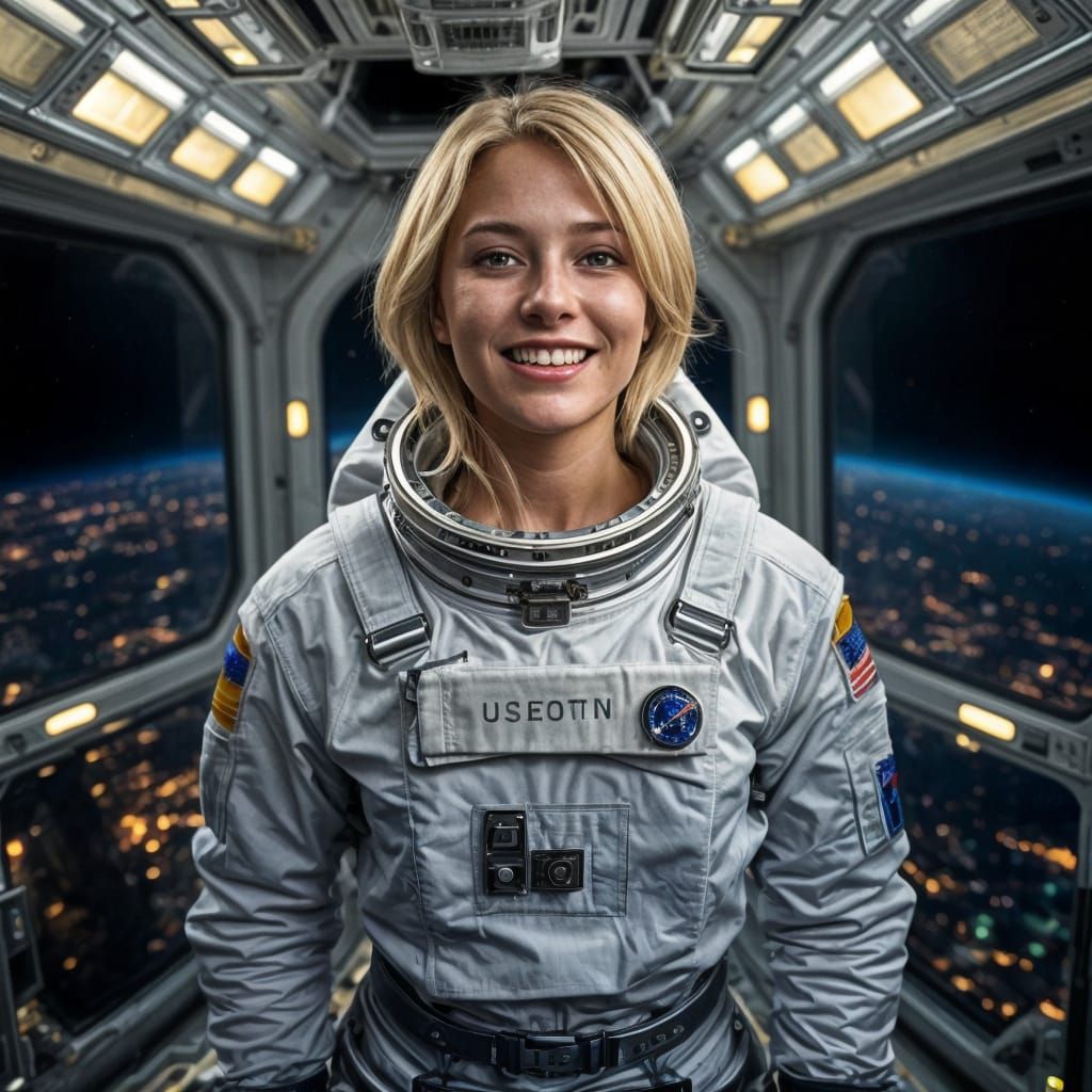 Happy Astronaut Woman in Space Station