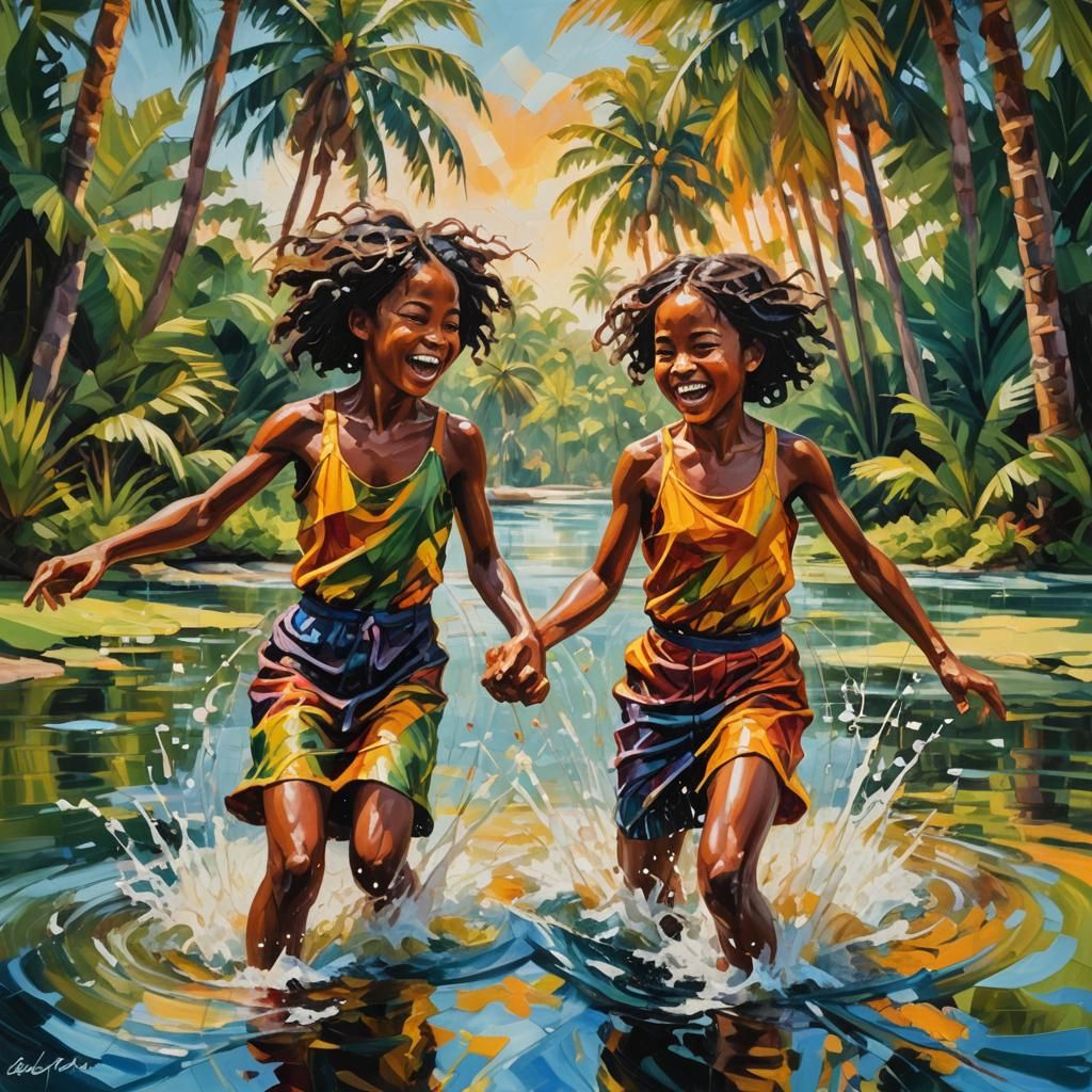 Sisters Play in Water: Expressionist Oil Painting