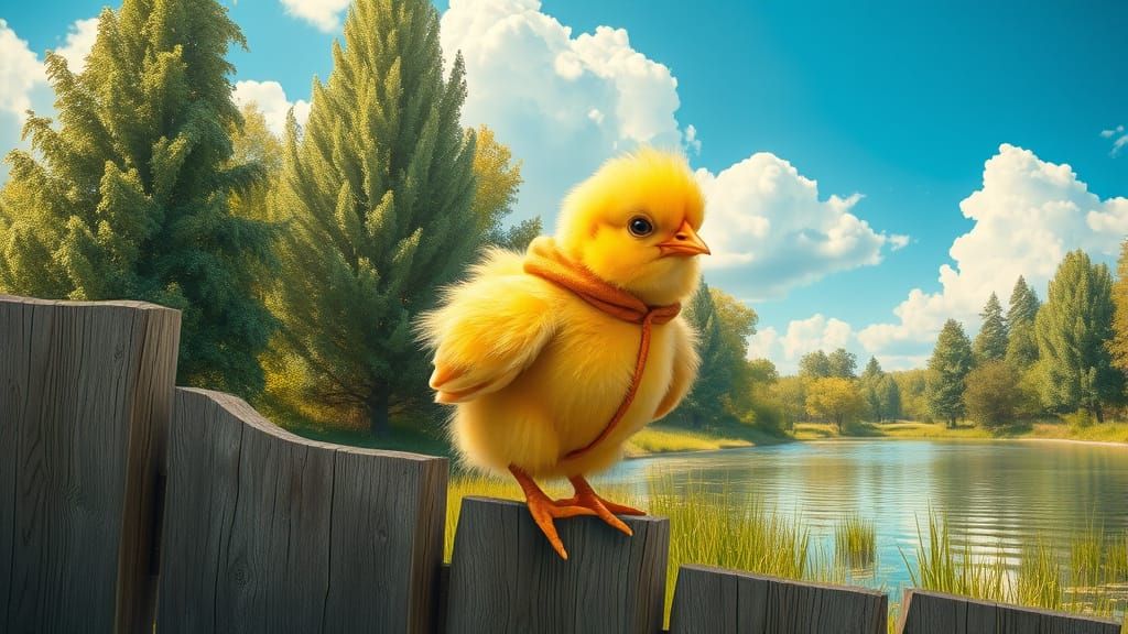 Grumpy Chick on Fence, Whimsical Art