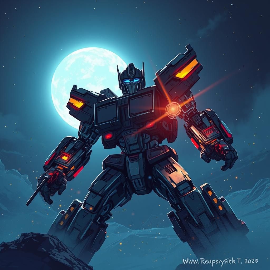 {
  "prompt": "Ein Transformer, der unter einem leuchtenden ...