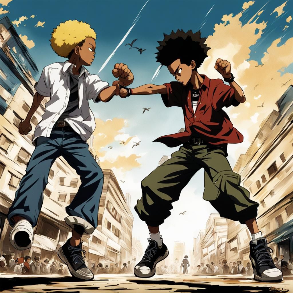Riley and Huey Fighting: Anime Style Illustration