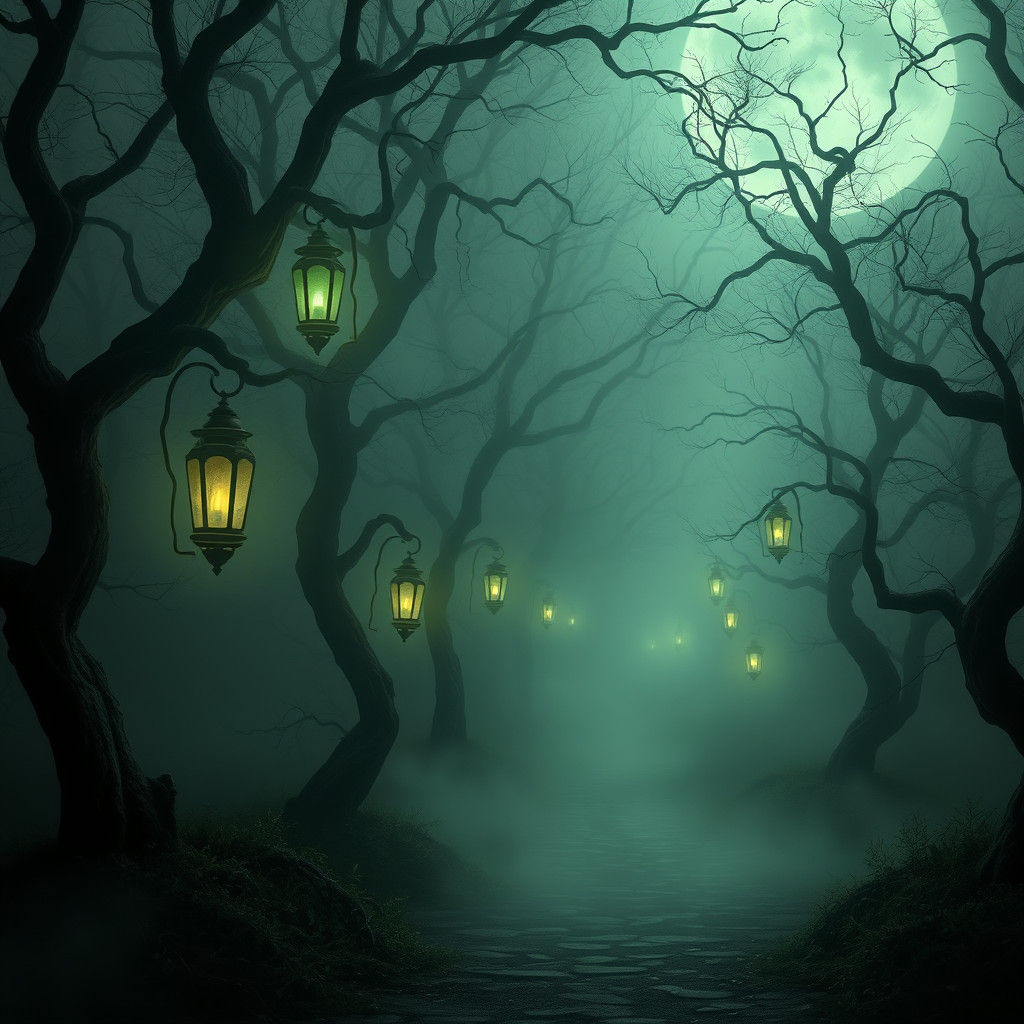Mystical Lantern Path in Ethereal Forest