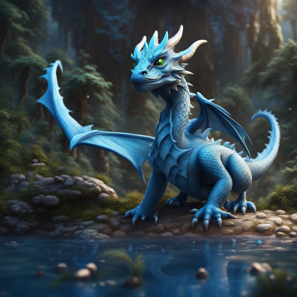 Cute Blue Dragon Fantasy Concept Art