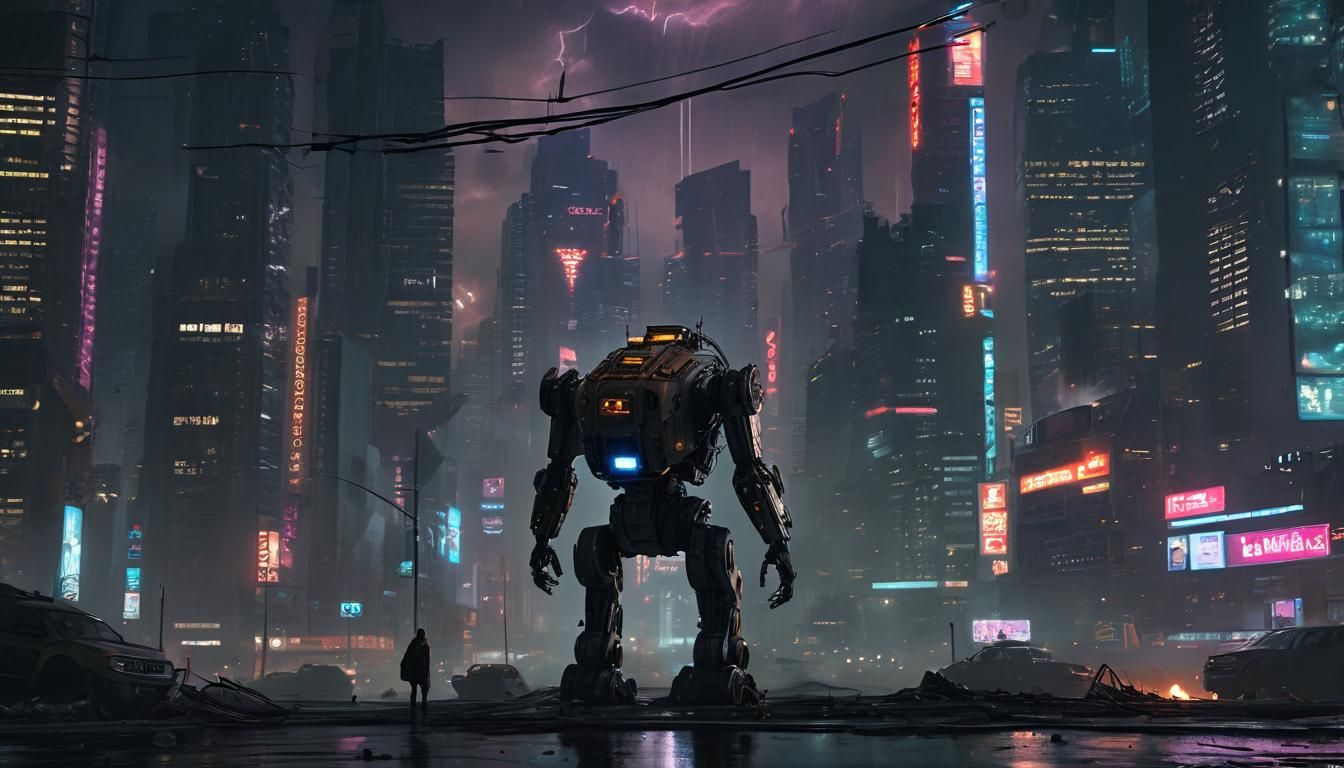 Apocalyptic Robot Repairs Itself in Cyberpunk Cityscape