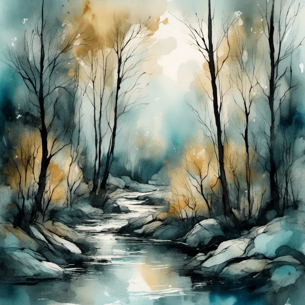 Fast Moving Brook in Deciduous Forest, Watercolor Style