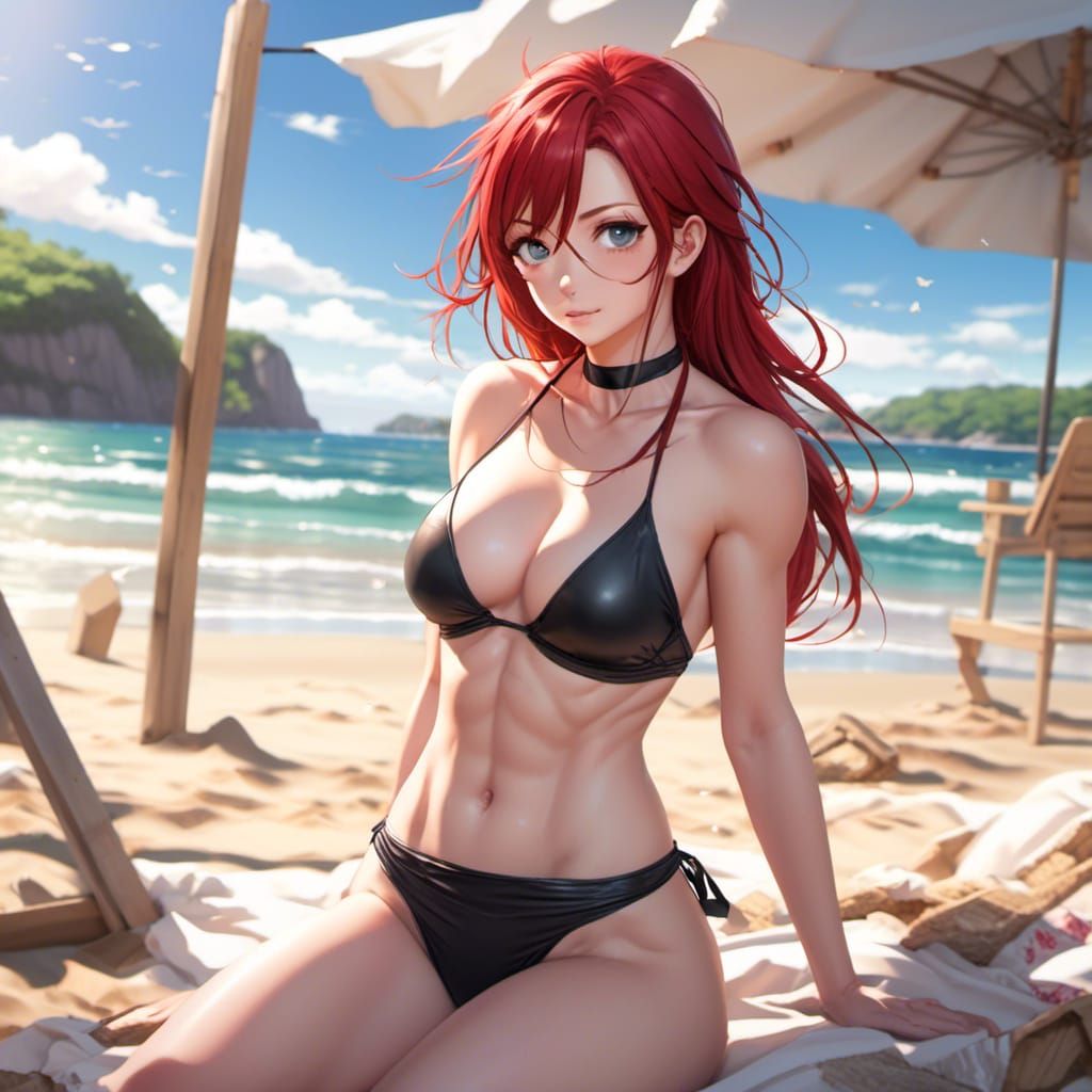 Anime-Style Redhead at the Beach
