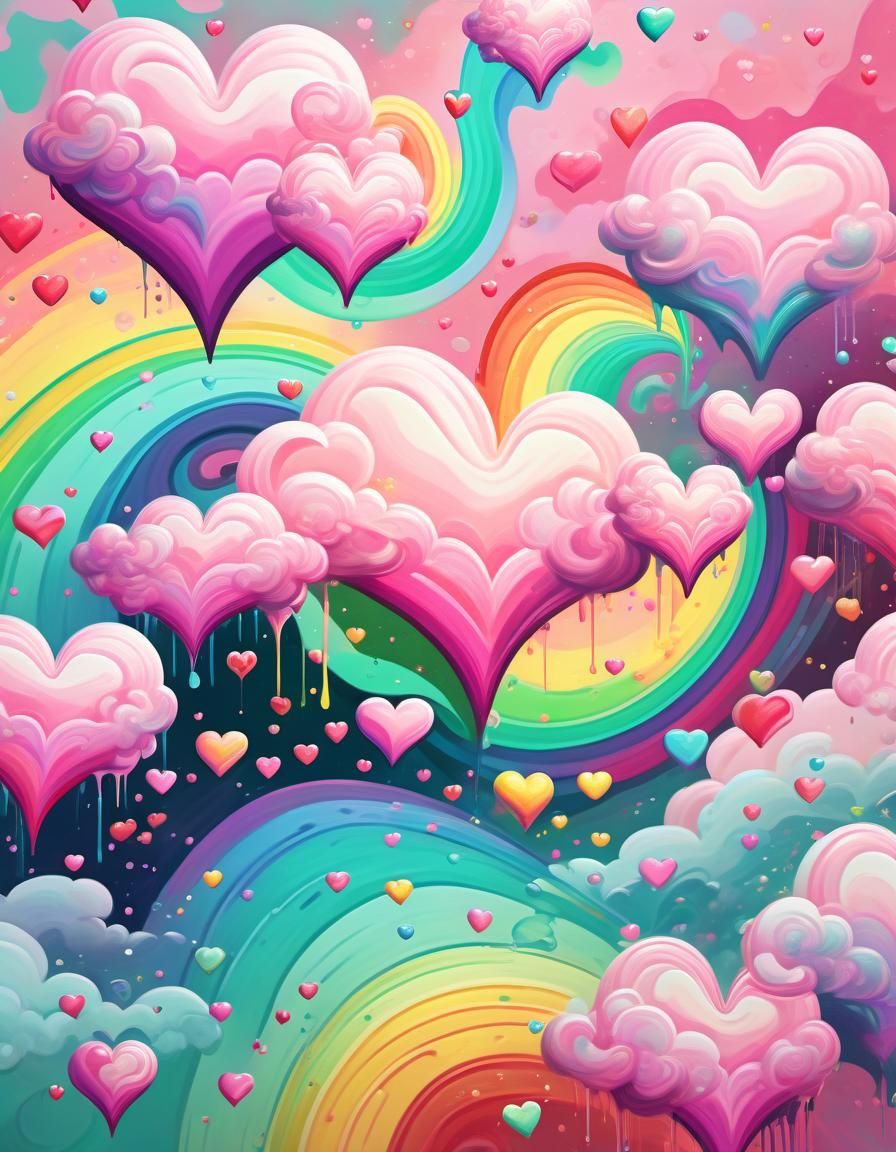 Psychedelic Rainbow Hearts in Expressionist Gothic Style