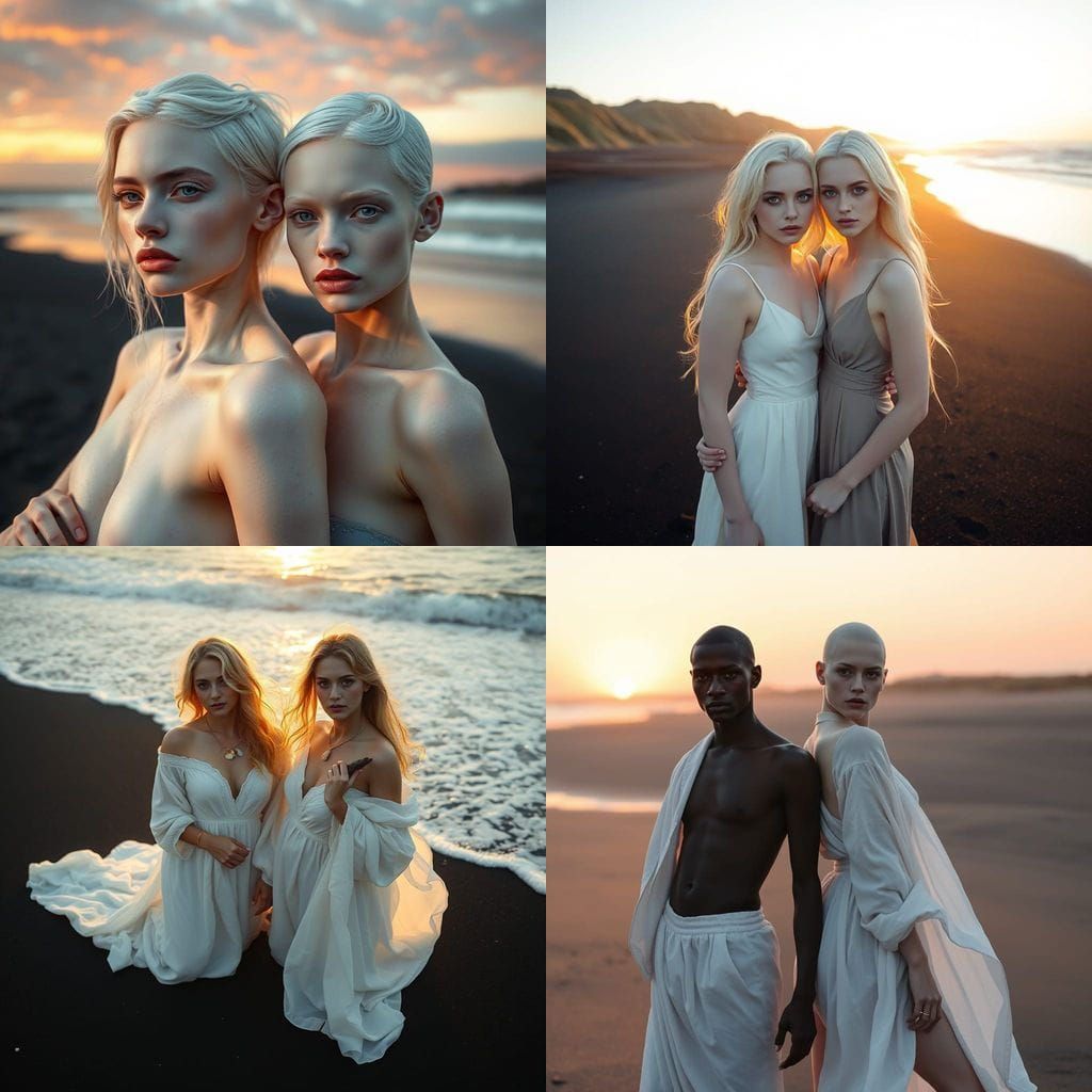 Albino Models Pose on Black Sand Beach at Sunrise