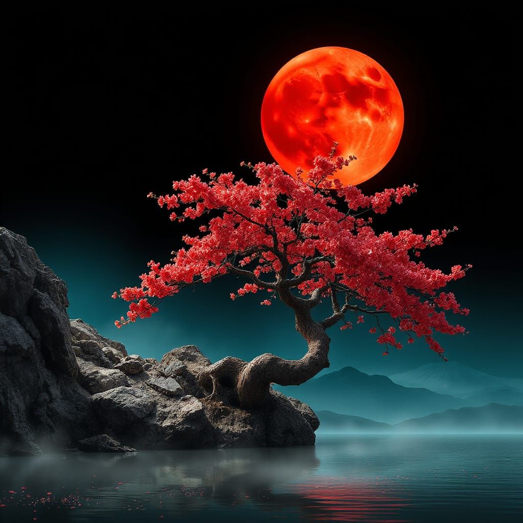 Surreal Cherry Blossom Tree Under Crimson Blood Moon