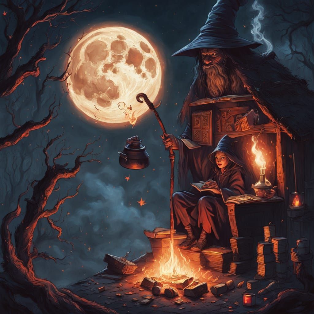 Surreal Dark Fantasy Scene with Cruel Witch and Wizards in F...