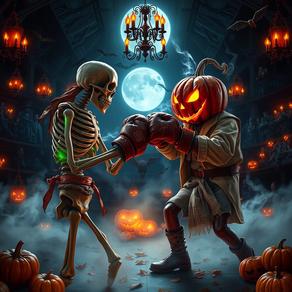 Halloween Boxing Match: Skeleton vs Pumpkin Head in Gothic A...