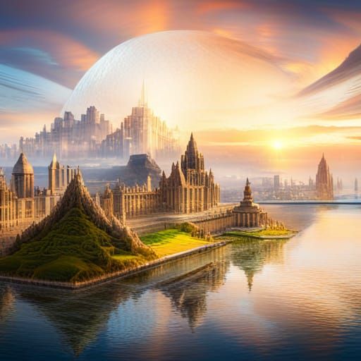 Futuristic Atlantis Cityscape with Pyramids and Airships