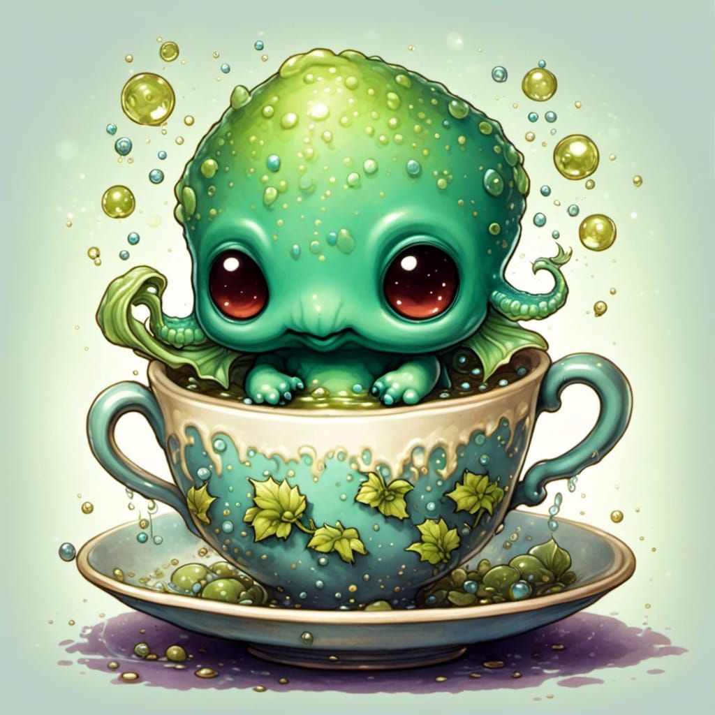 Chibi Baby Cthulhu Splashing in Teacup