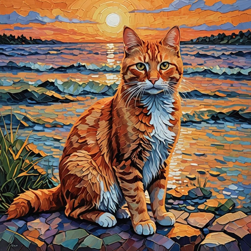 Orange Tabby Cat at Sunset in Impasto Style