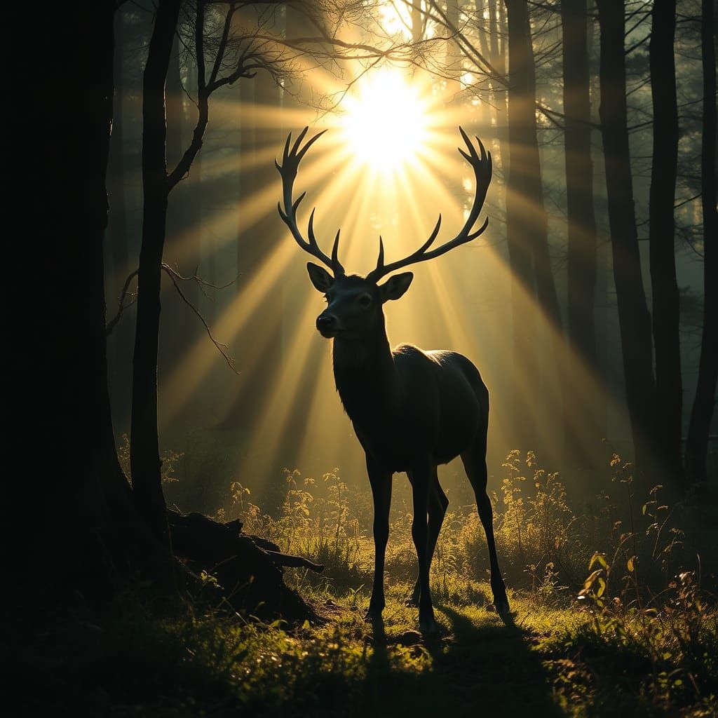 eldritch forest deer silouhette sunray