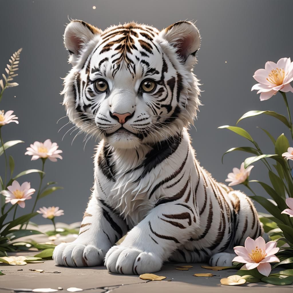 Cute White Tiger Cub in 3D Anime Art