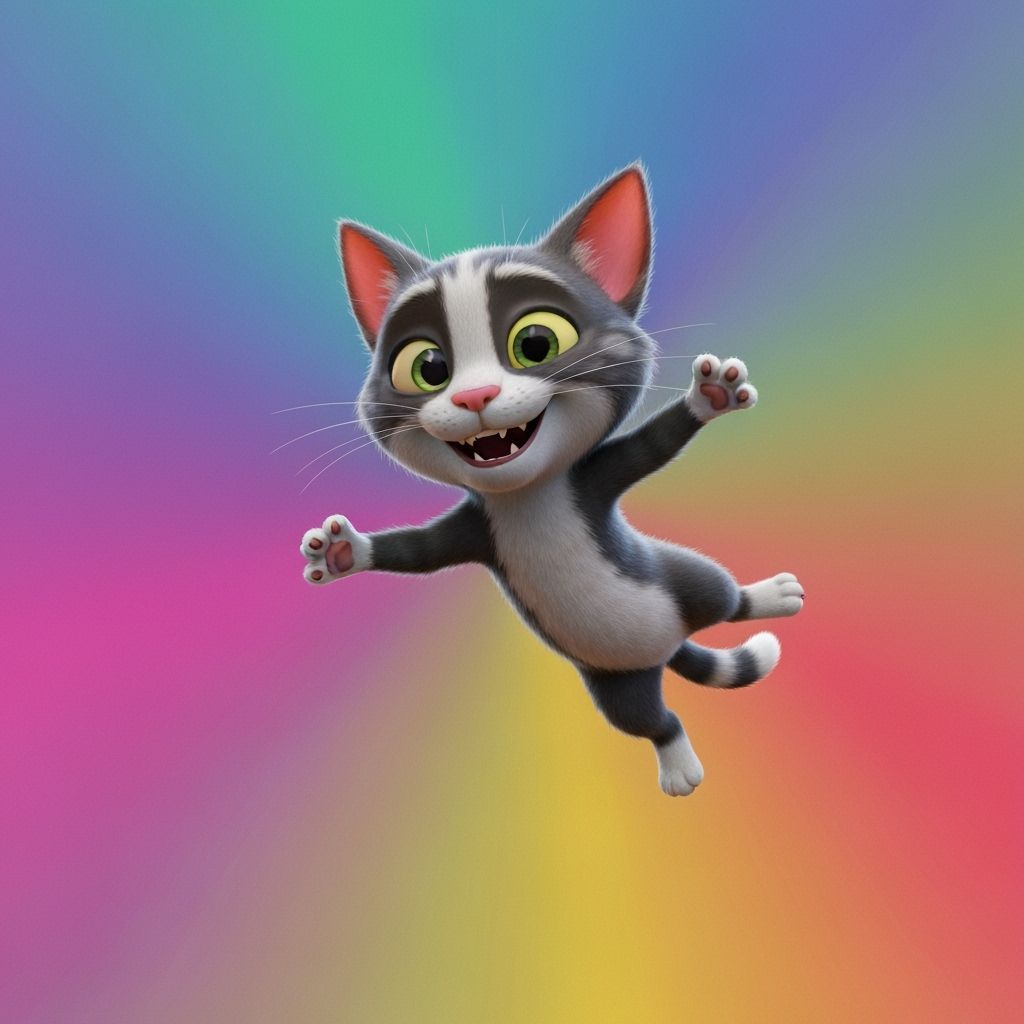 Whimsical Cat Mid-Air: 3D Digital Art