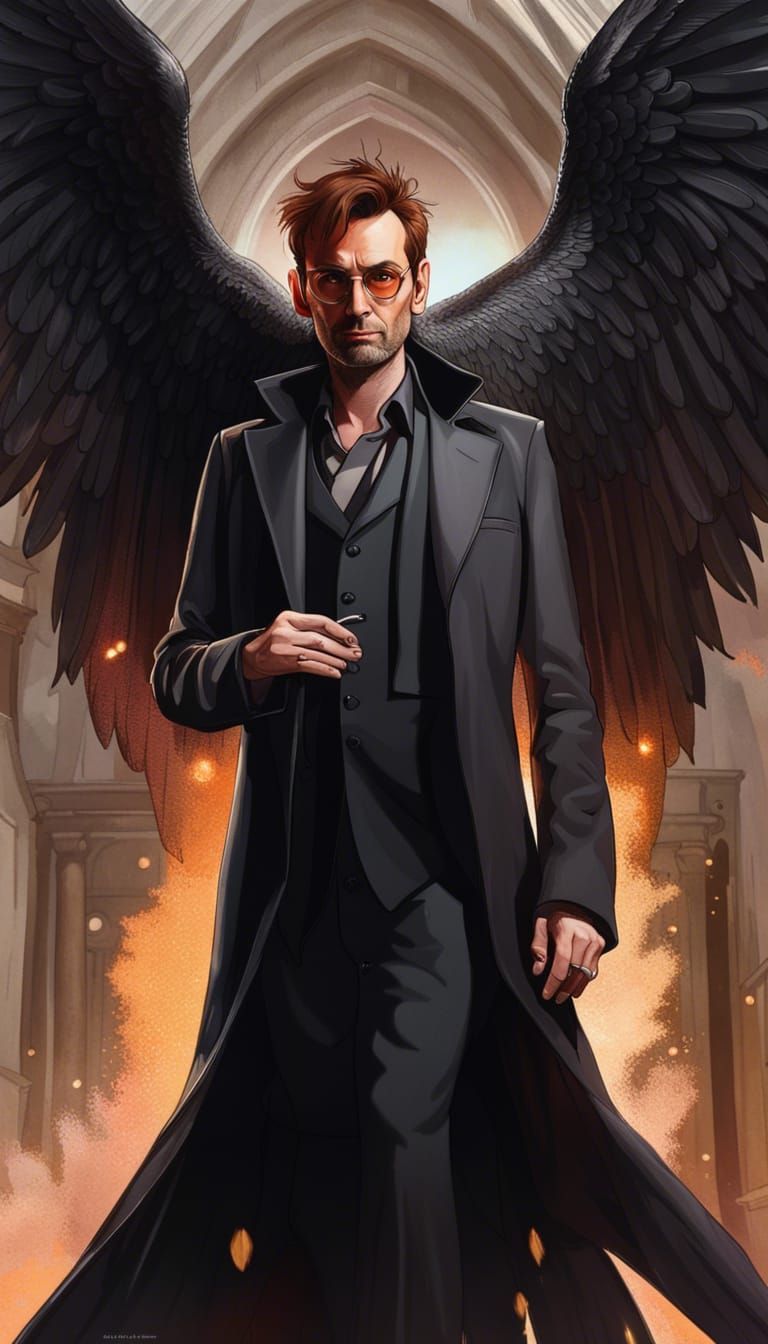 Crowley Portrait with Black Wings in Hyperdetailed Style