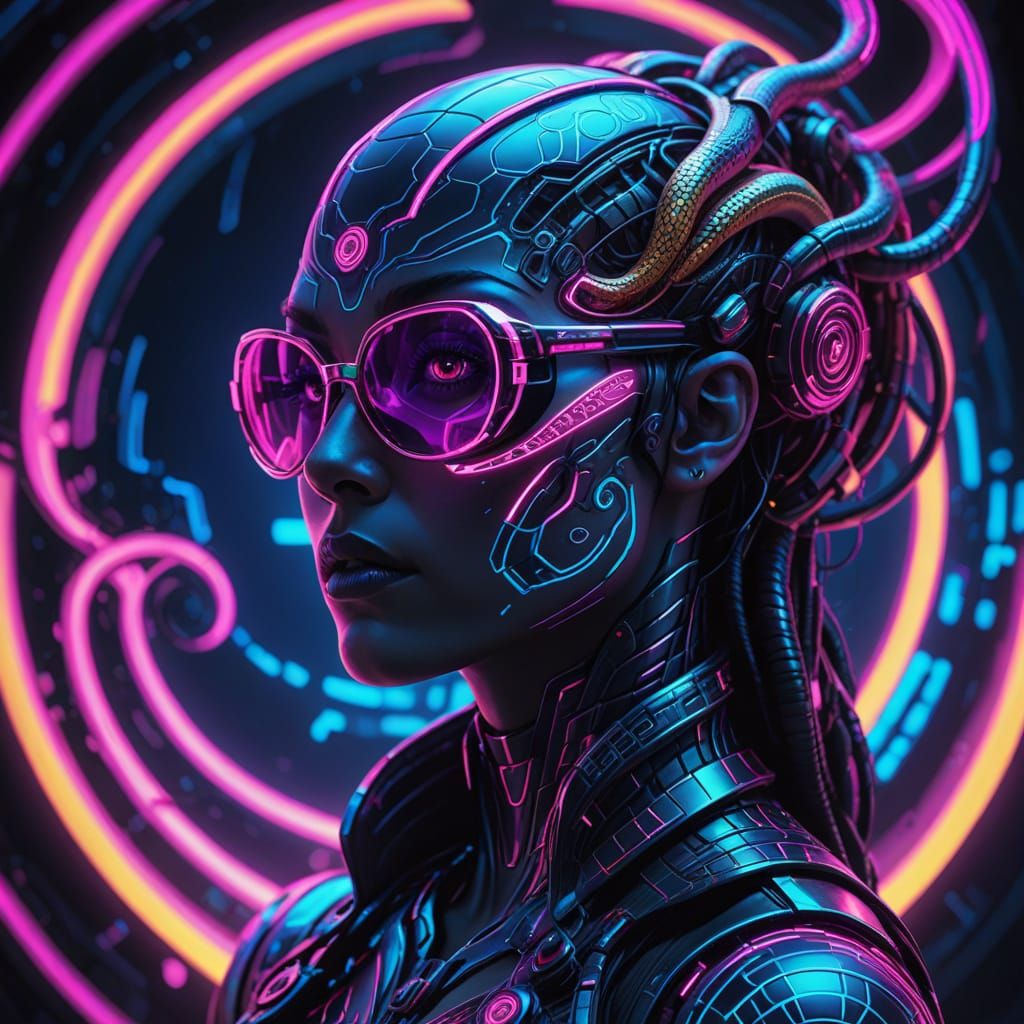 Glowing Cyberpunk Snake Wraps Ancient Symbol in Neon Noir
