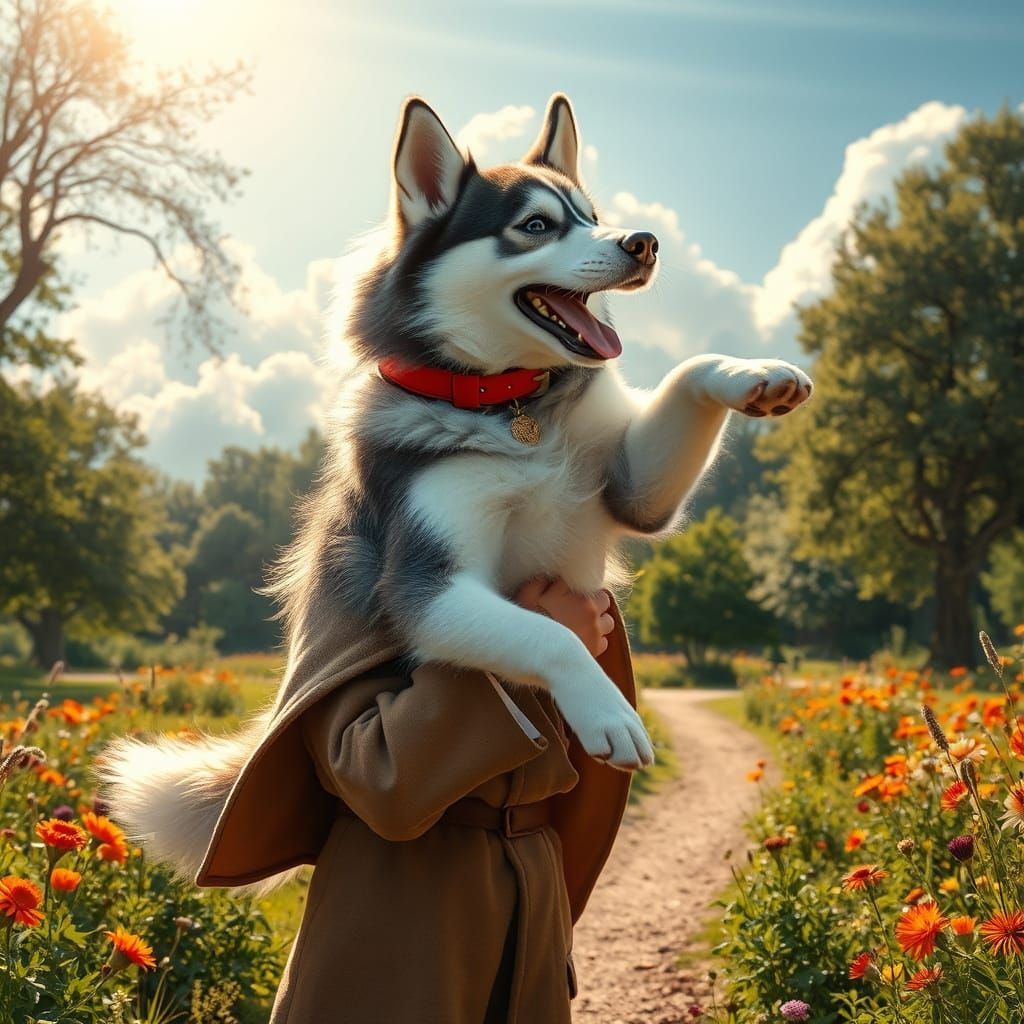 Joyful Siberian Husky Leaps in the Air with Boy in Park