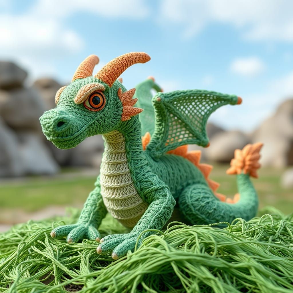 Macrame Dragon Sculpture with Green Threads