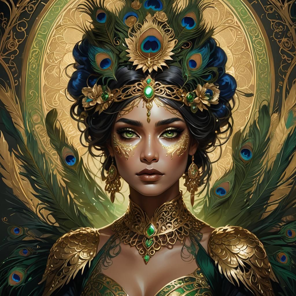 Golden Woman with Peacock Feathers, Fantasy Art