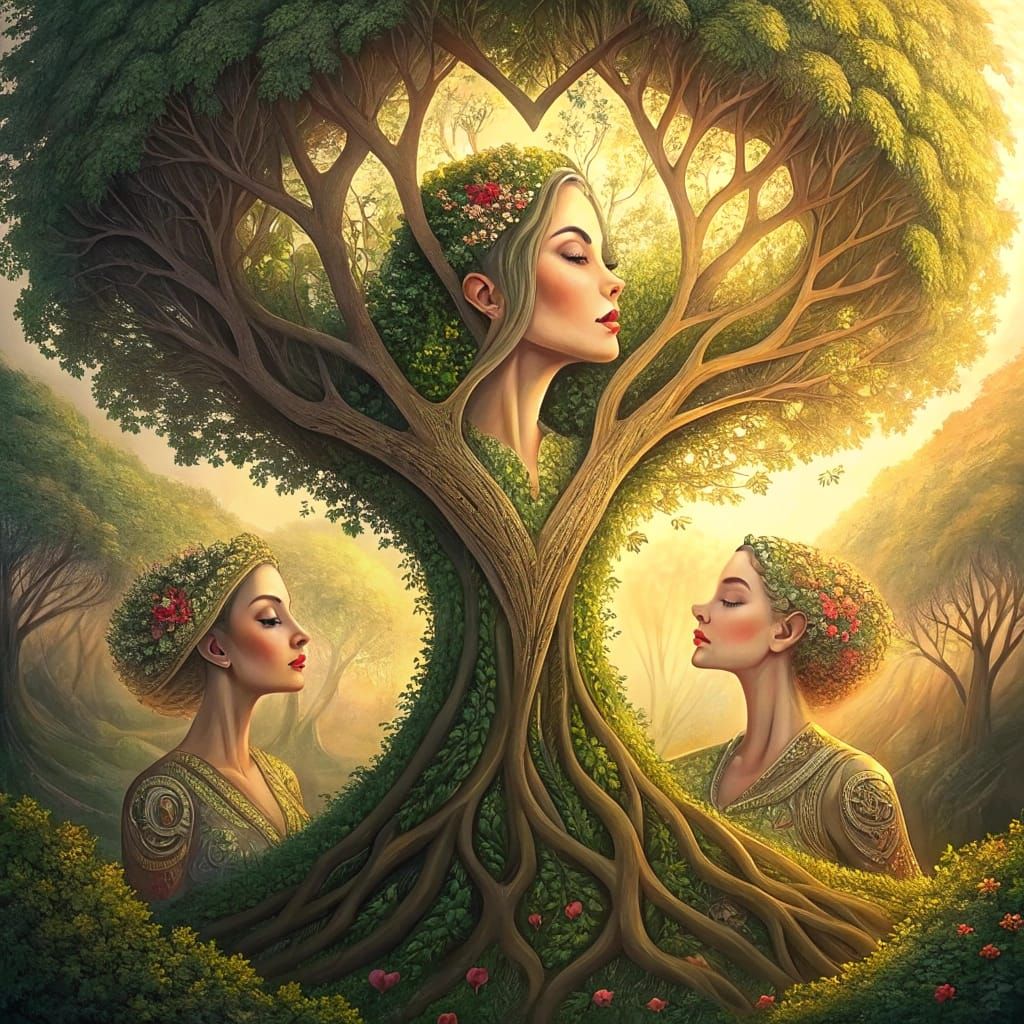 Majestic Fractal Tree Goddesses in Vibrant Nature