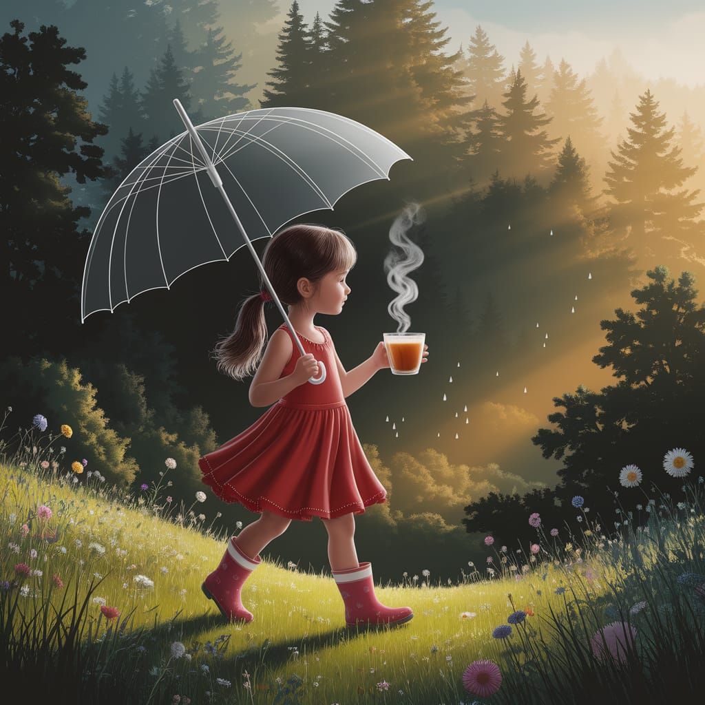 Girl in Red Dress with Umbrella, Digital Art