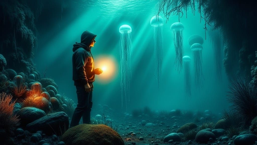 Diver in Ancient Underwater Realm with Ghostly Jellyfish