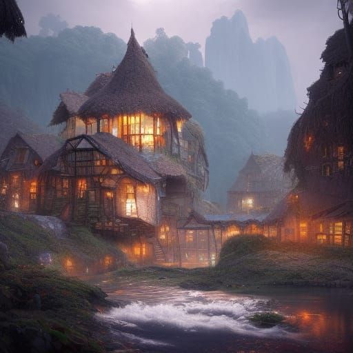 Whimsical Solarpunk Village on a River