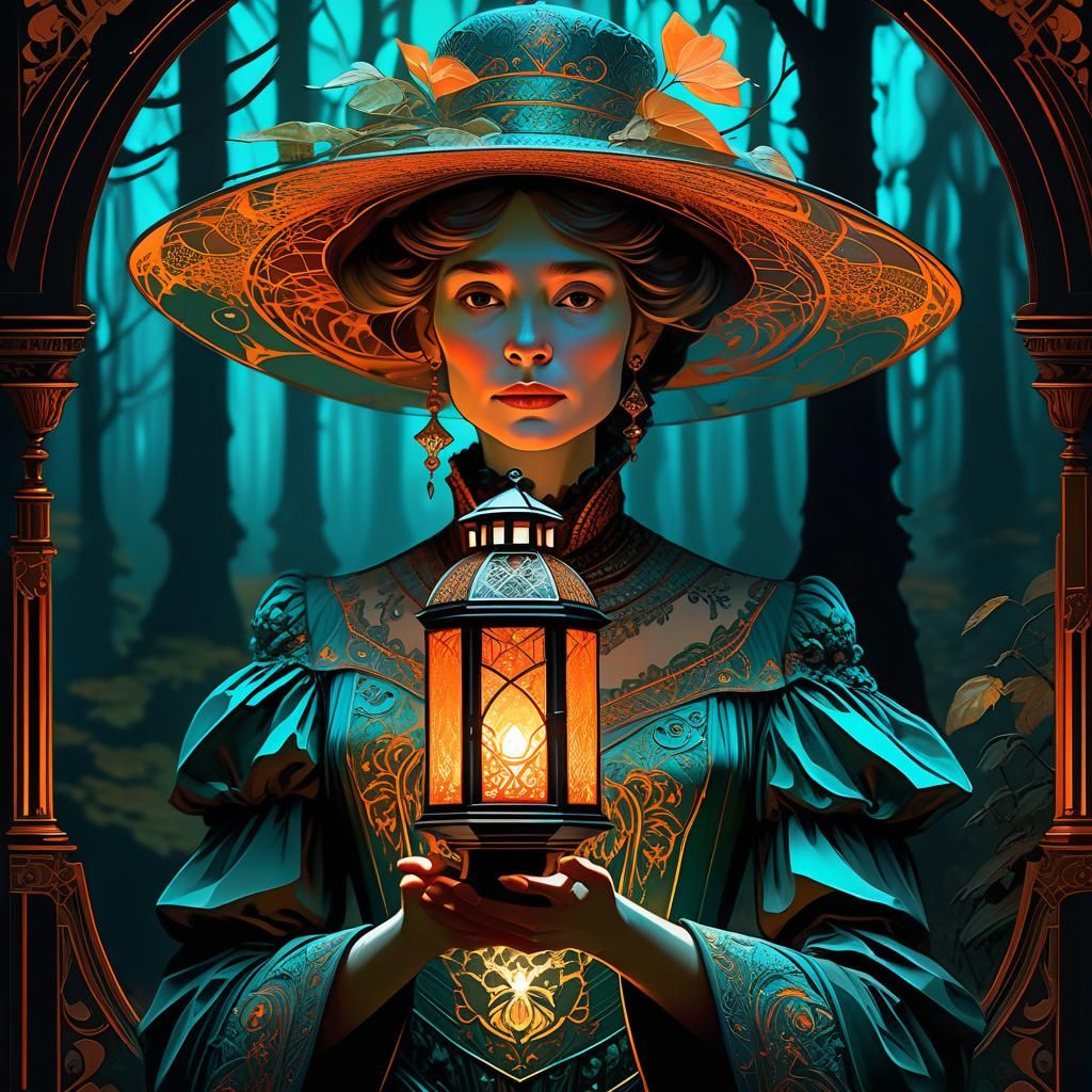 Victorian Woman in Mystical Forest, Art Nouveau Style