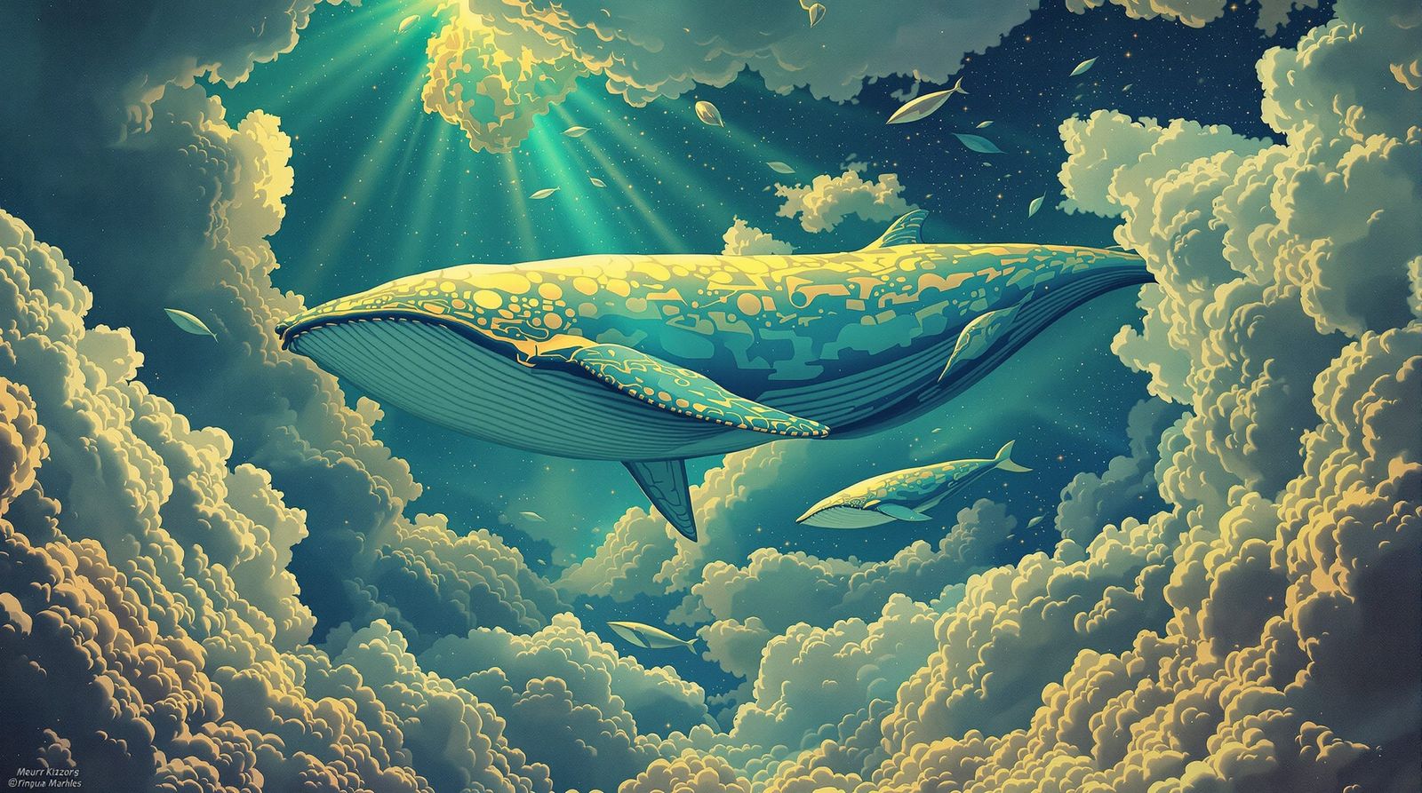 Sky Whales Migrate in Emerald Skies