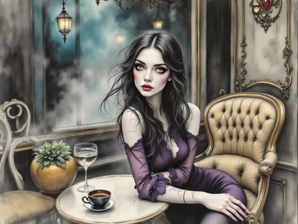 Surreal Café Scene Under Moody Night Skies