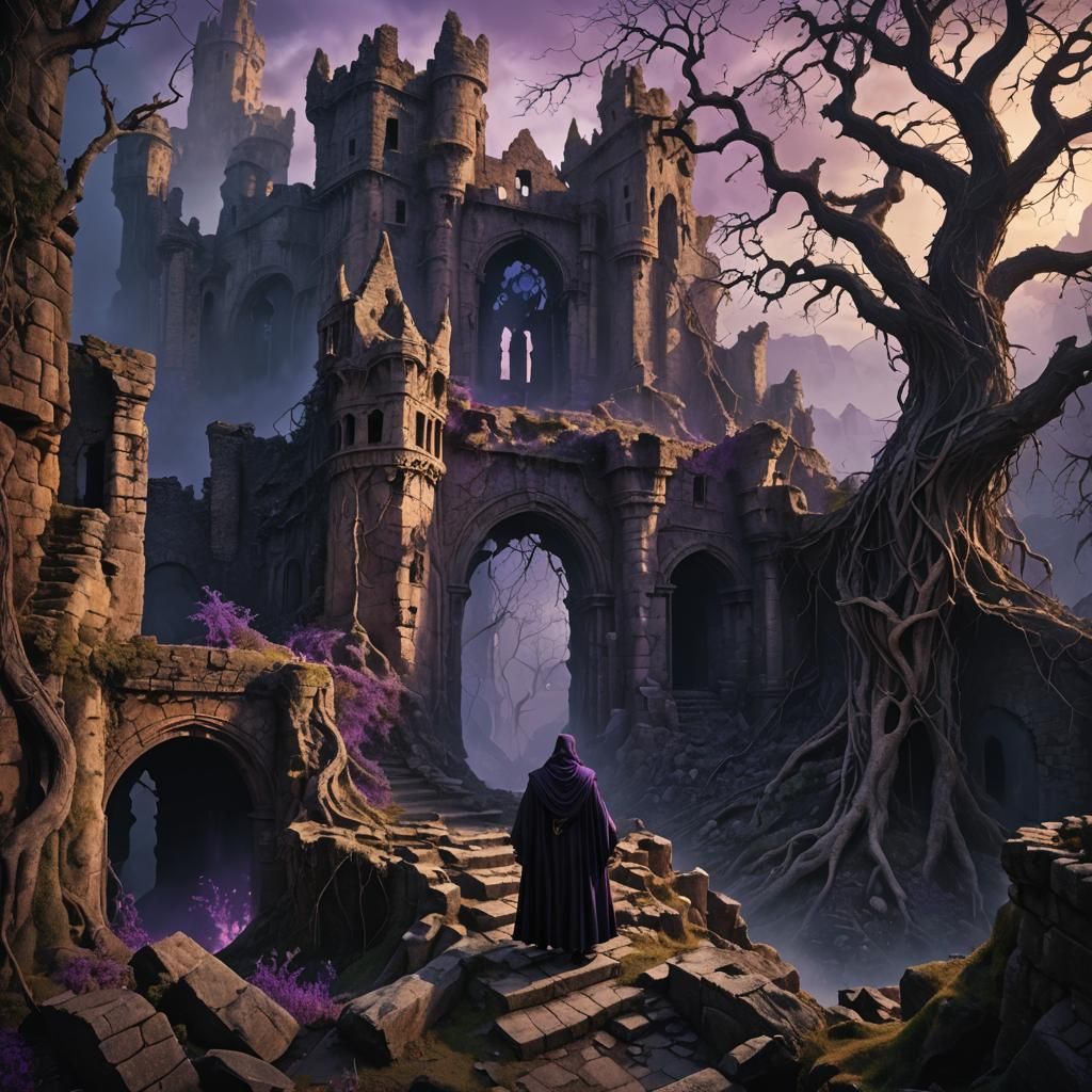 Evil Sorcerer in Ruined Castle: Dark Fantasy Matte Painting