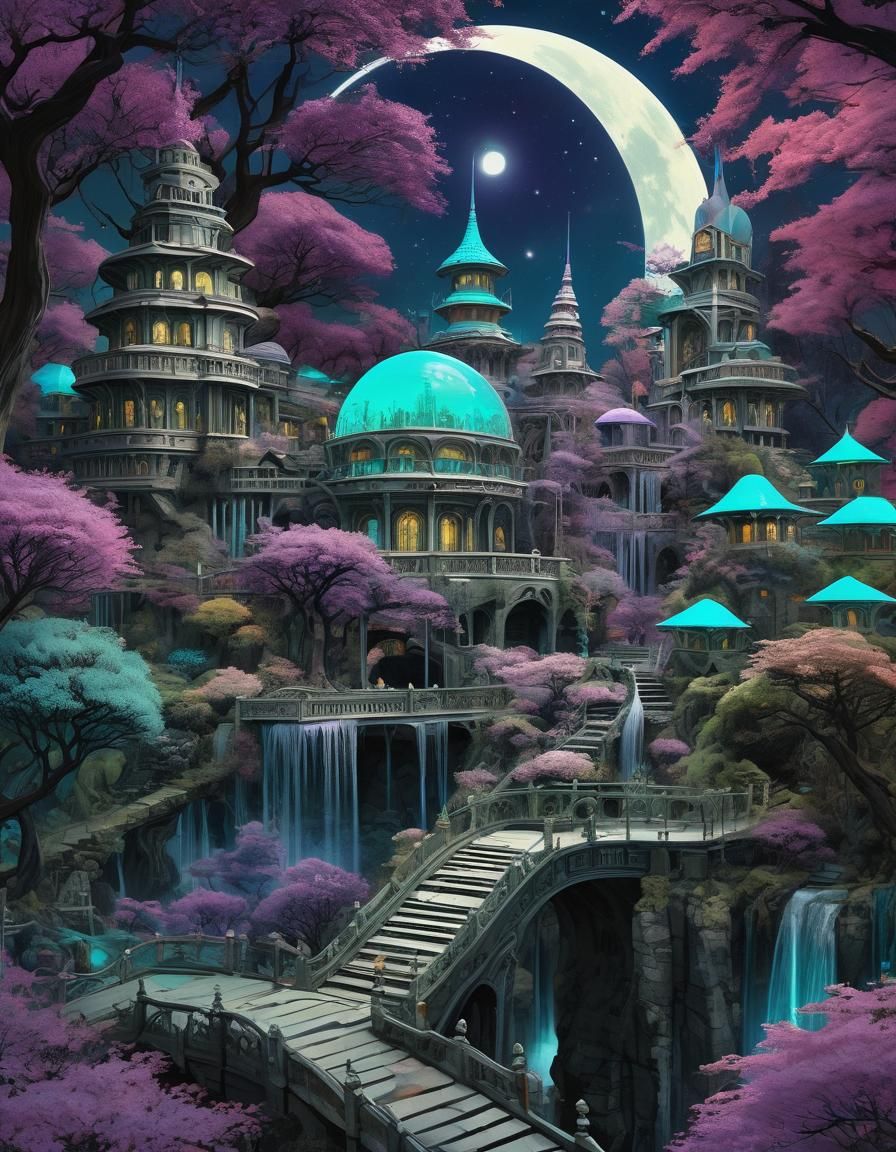 Uranium Glass Moon Palace with Purple Trees