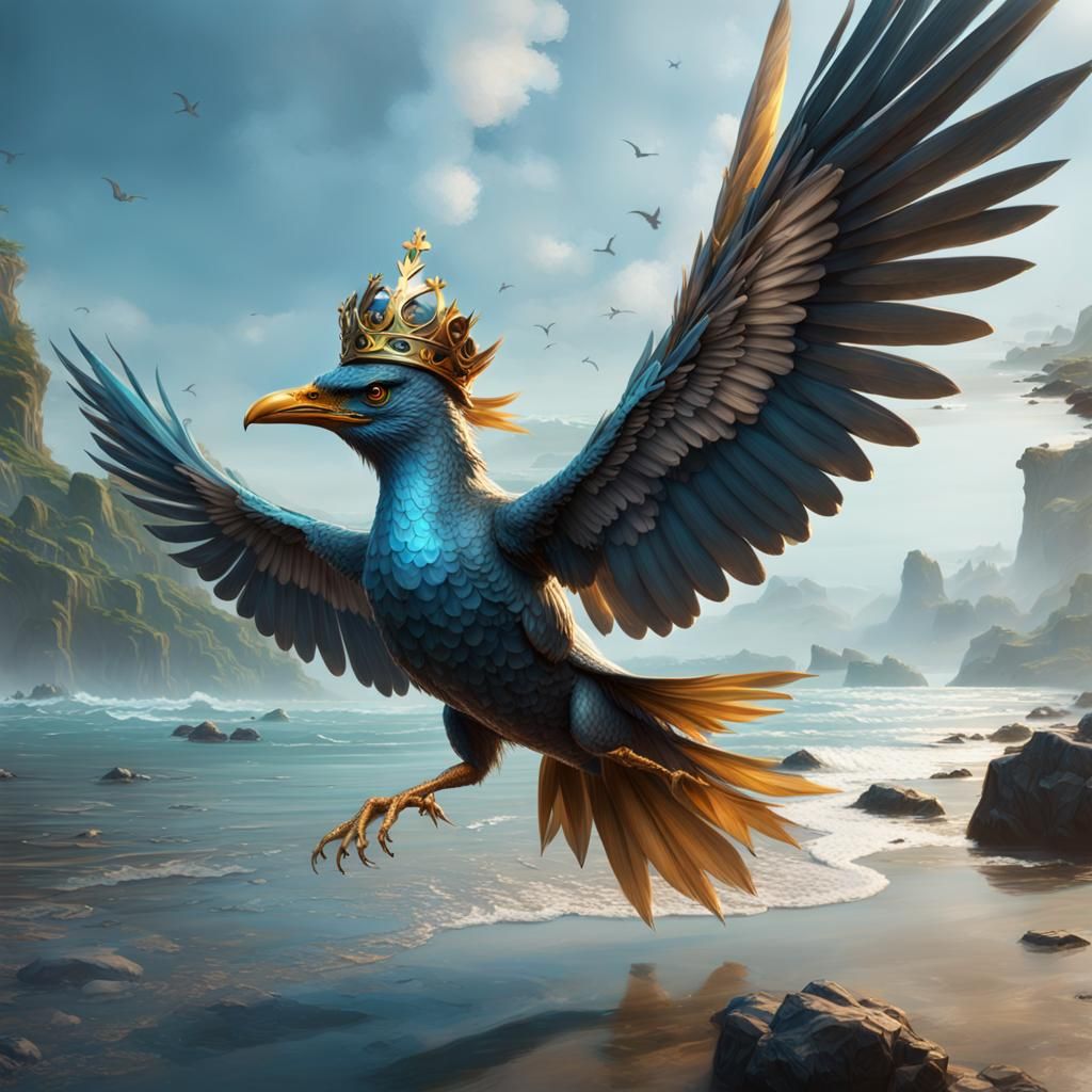 Crowned Bird with Titanium Wings: Dark Fantasy Art