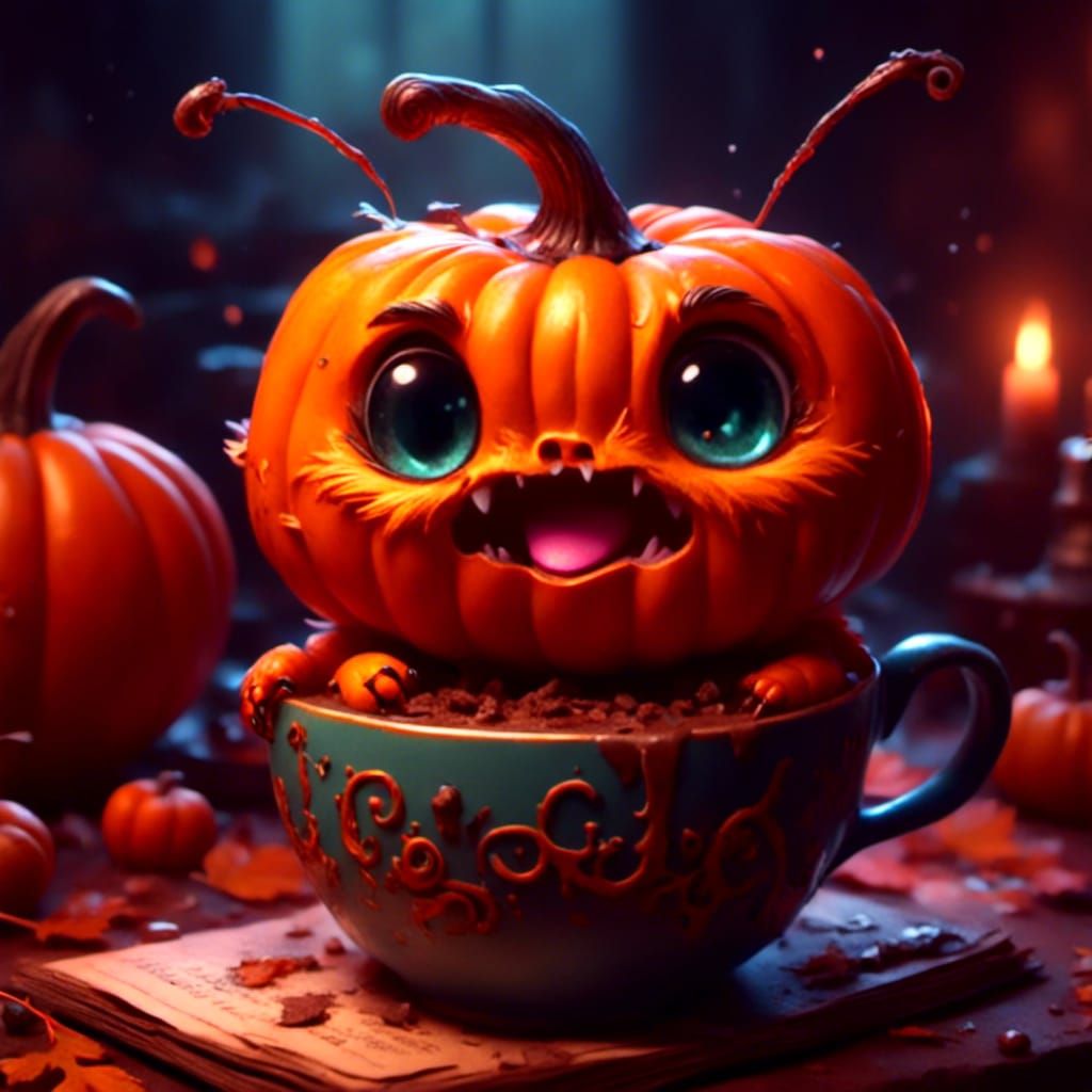 An cute adorable chibi pumpkin-ant drinking a cup of mocha i...