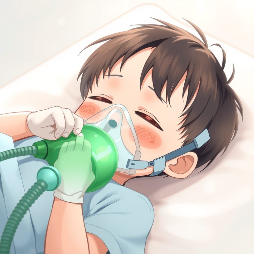 Anime Child with Anesthesia Mask in Dreamy Setting