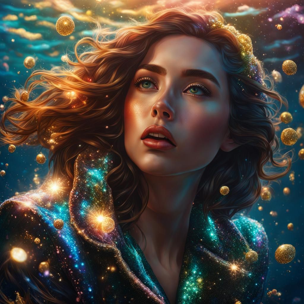Sparkling Girl Drowning in a Glittering Ocean