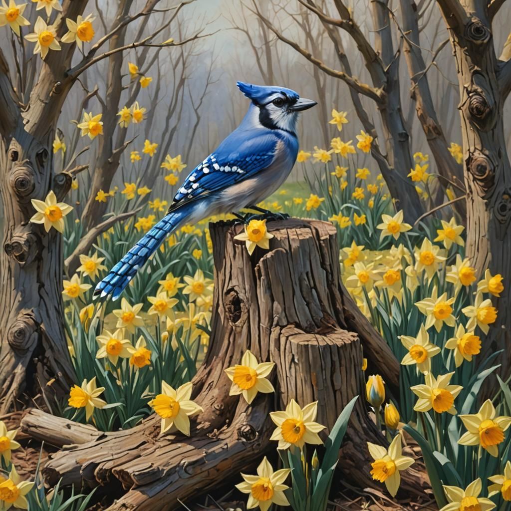 Blue Jay Among Daffodils in Oil Painting Style