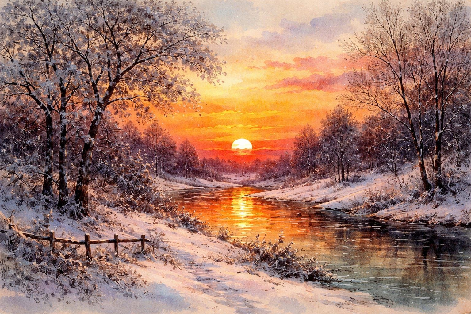 Winter Sunset in Impressionist Watercolor Style