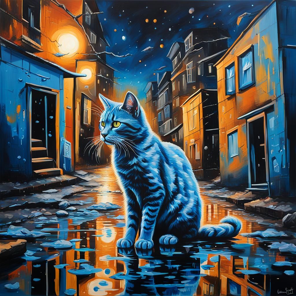 City at Night with Cat, Graffiti Art Style